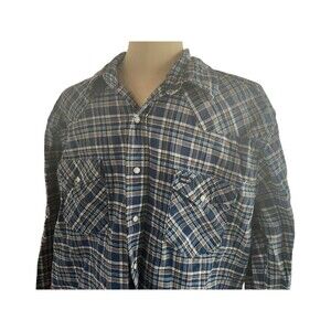 Vintage Wrangler Western Shirt Men's XL Blue Plaid Denim Pearl Snap Cowboy